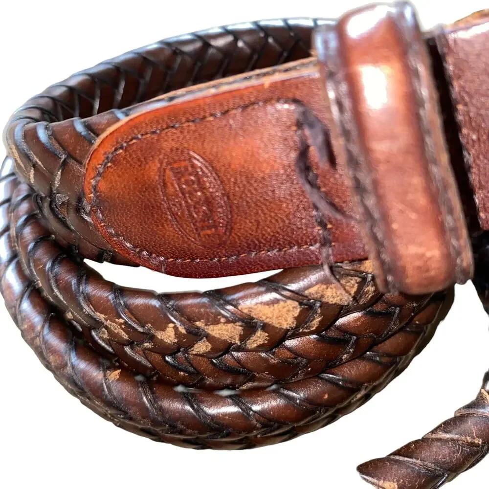 Fossil Genuine Leather Rope Belt Country Western Brown with gold hardware sz 38
